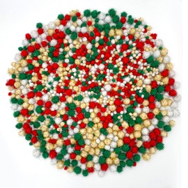 Lusy DM 1500 Pieces Christmas Pom Pom Tinsel Pom Pom Balls Christmas Glitter pom pom for Craft Making and Hobby Supplies (4 Sizes, Gold, White, Red, Green)
