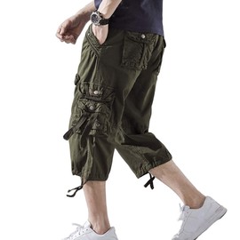 AOYOG Men’s Cargo Shorts 3/4 Relaxed Fit Below Knee Capri Cargo Pants Cotton, Army Green, 32