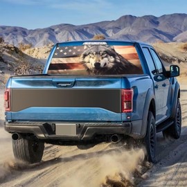 Generic American Flag Wolf Truck Rear Window Decal Sticker, 66 X 20 Perforated Graphic Decal for Truck Rear Window, Wolf Animal Truck Rear Window Vinyl Decal (66""W x 20""H)