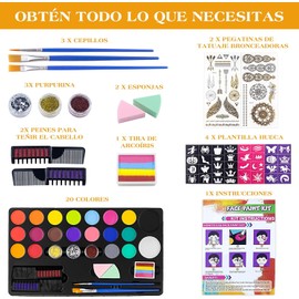 Kit de Pintura Corporal Facial en Bandeja de 20 Colores, Pintura Corporal para Fiestas, Lavable - Ideal para Navidad, Año Nuevo, Halloween y Cosplay, Incluye Accesorios Extra