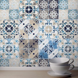JZ·HOME 1229 Mediterranian Tile Peel and Stick Wallpaper 17.7" x 9.8ft Blue/Khaki Boho Self-Adhesive Contact Paper Removable Waterproof Kitchen Backsplash Shelf Liner Vinyl Film for Home Decor