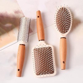 【Natural Craftsmanship】3-Piece Beechwood Handle Comb Set - Long Cushion Square/Oval Comb + Styling Roller Brush (Beige Pearl Foam Case, Travel-Friendly Hang Hole)