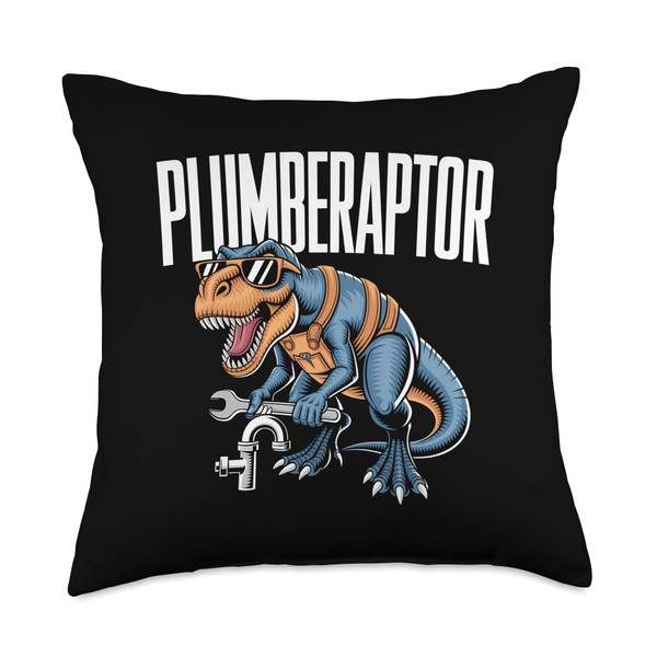 Plumbing Dinosaur T-Rex Pipe Wrench Dino Funny Plumber Throw Pillow