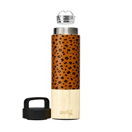 Welly Traveler 18oz | Vacuum Insulated & Infusing Stainless Steel Bamboo Water Bottle | Double Wall, Wide Mouth, BPA Free (Leopard)