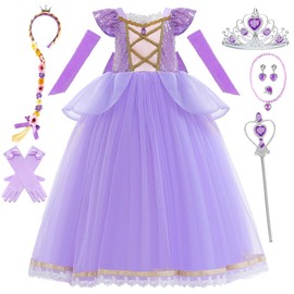 Snyemio Rapunzel Costume Girls Princess Dress Purple Children with Accessories for Carnival Fancy Dress 134-140 (Label 140)