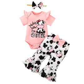Slanavel Baby Girl First Birthday Outfit 1st Birthday Girl Clothes Holy Cow Im One Girl Outfit (Pink-Short,12-18 Months)
