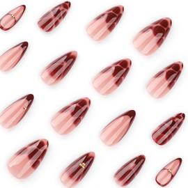 Wine Red Press on Nails Short Almond QUNQINLI French False Nails Nude Glossy Acrylic Fake Nails Press ons with Texture Flowers Design Gel Glue on Nails Gold Stick on Nails for Women 24Pcs