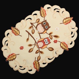 Owl Tablecloth Table Runner Blanket Cushion Cover Linen Look Cream Beige Autumn Leaf Embroidery – Choice of Sizes Approx. 30 x 45 cm Oval