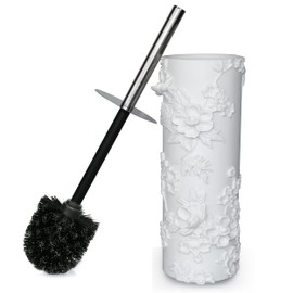 Indecor Home White Floral Branches Design Resin Toilet Bowl Brush and Holder Set, Elegant Bathroom Cleaning Tool with Durable Bristles, Compact and Functional
