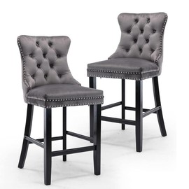 Bar Stools Set of 2, Velvet Upholstered Bar Stool for Kitchen Island, Counter Stools with Nailhead Trim Velvet Tufted swivel  bar - Color: Grey
