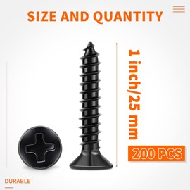 200 PCS #6 X 1 inch Stainless Steel 18-8 (A2) Wood Screws, Black Coated Flat Head Phillips Full Threaded No.6 X 1'' Screws by TPOHH