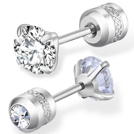 Swars Women's Earrings, Surgical Stainless Steel, Hypoallergenic, First Earrings, Second Earrings, Screw Type, Simple, Binaural, Set of 2, Stainless Steel, Created Zircon