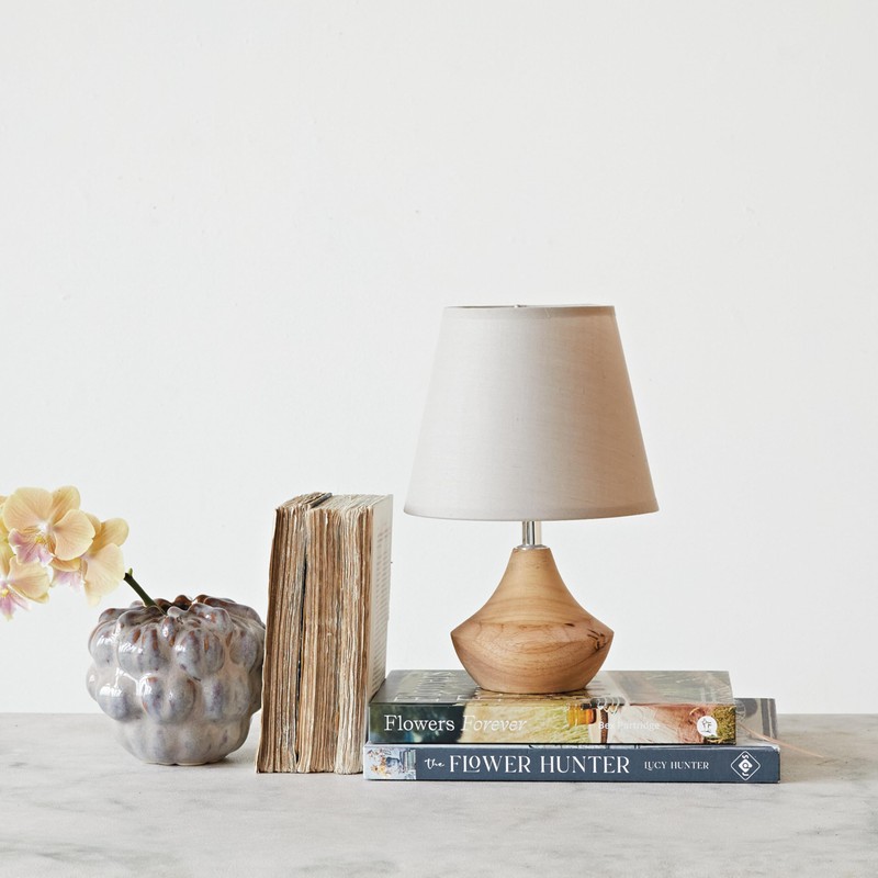 Creative Co-Op Eucalyptus Wood Table Lamp with Linen Shade, Natural