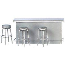 Dollhouse Miniature 1950's Counter w/3 Stools, Silver #T5921