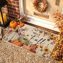 Baccessor Fall Pumpkin Doormat 17x29 Inch Indoor Outdoor Outside Autumn Thanksgiving Day Floral Decorative Front Welcome Door Mat Non-Slip Rubber Backing Seasonal Kitchen Entrance Floor Decoration