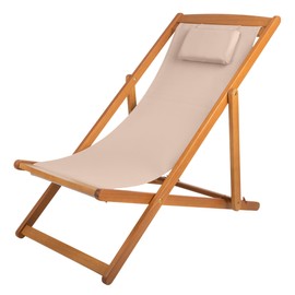 Lavish Home Beach Lounge Chair - Adjustable Height Reclining Sling Chair - Portable Wood Folding Chairs - Folding Lounge Chairs for Outside, Patio, Balcony, or Camping - Outdoor Furniture (Beige)
