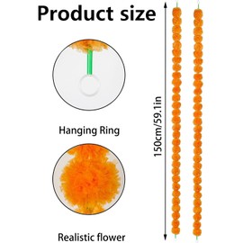2pcs Artificial Marigold Flower Garland, Diwali Decorations for House, Marigold Garland Decorations, 5ft Artificial Marigold Flower for Parties, Weddings, Home Decoration, Diwali (Orange)