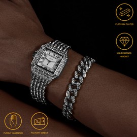 Halukakah Diamond Gold Watch, Men's 18K Real Gold/Rose Gold/Platinum Plated White Gold 33 mm Wide Square Dial Quartz 20 cm with Cuban Chain Necklace Bracelet, Free Gift Box, platinum watch, Bracelet