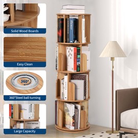 Garvee Wooden Rotating Bookshelf 4 Tier, 360° Floor Standing Bookcase Multi Functional Storage Organizer for Living Room, Kids, and Adults