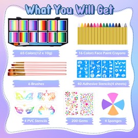 Professional 65 Colors Face Painting Kit for Kids & Adults, Non-Toxic Water Based Rainbow Split Cakes Face Paint Palette 12 x 10gm with Crayons, Stickers, Stencils, Sponges, Brushes, Gems