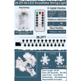 [ 8 Modes & Timer ] Christmas Lights Decoration, 26.2 Ft 60 LED Snowflake Fairy String Lights Remote Control Battery Operated Bedroom Room Garden Party Home Xmas Tree Decor Indoor Outdoor (Cool White)