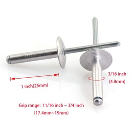 HJ Garden 60pcs 3/16 x 1 Inch (4.8x25mm) Large Flange Aluminum Blind Rivet Self-Plugging Open End Decorating Fastener Nails Pop Rivets Core Pulling Rivets Grip Pange 11/16-3/4 Inch (17.4-19mm)