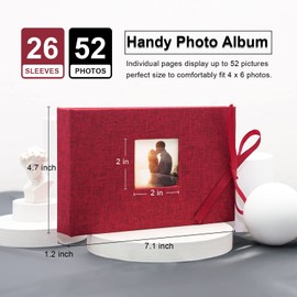 Vienrose Small Photo Album 4x6, Mini Picture Book with 26 Pockets, Clear Pages Holds 52 Photos, Linen Fabric Cover Postcards Photobook Red 2 Pack