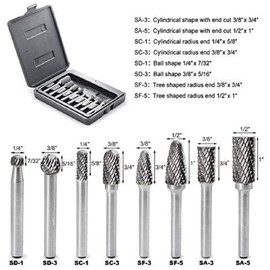 YUFUTOL Carbide Burr Set with 1/4''(6.35mm) Shank 8pcs Double Cut Solid Carbide Rotary Burr Set for Die Grinder Drill, Metal Wood Carving, Engraving,Polishing,Drilling