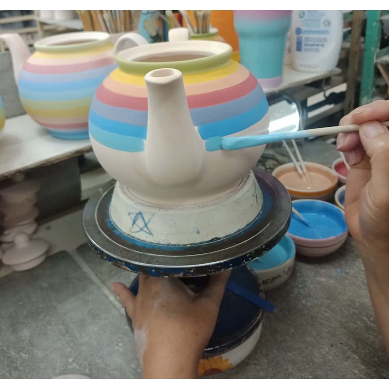 Hand Painted Rainbow Stripe Sugar Bowl and Jug Set