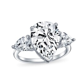 Bridal Wedding 7CT AAA CZ Pear Shaped Brilliant Cut Solitaire Teardrop Statement Engagement Ring For Women Thin Band .925 Sterling Silver Cubic Zirconia Trillion Side Stones