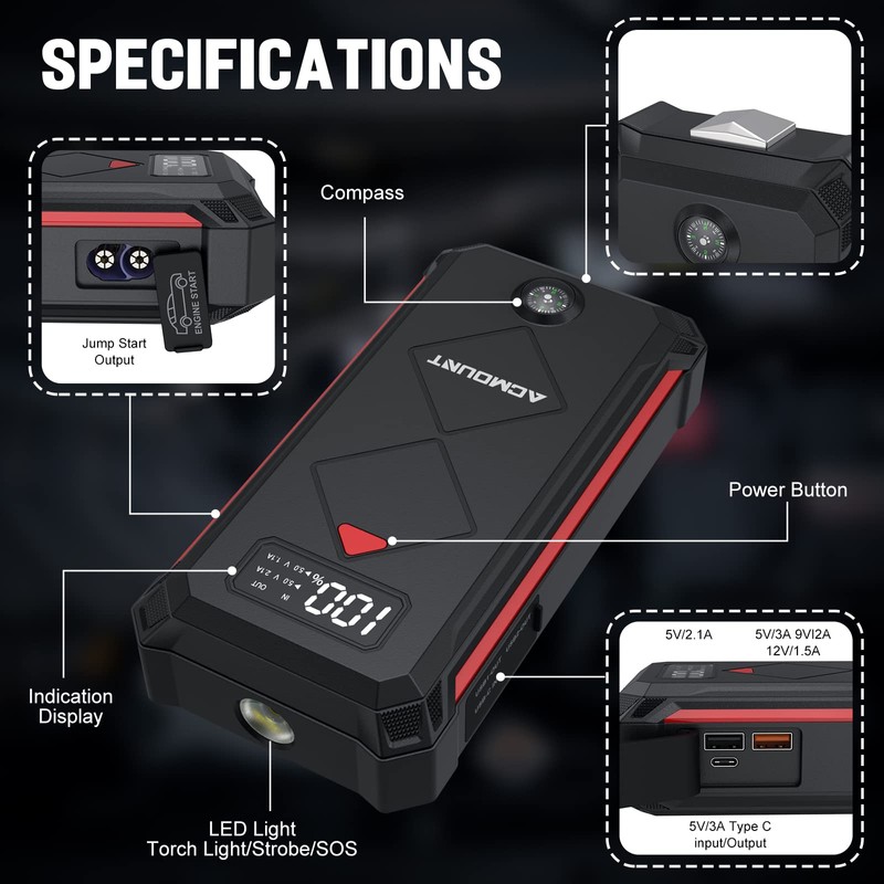 Acmount P100 Car Jump Starter, 5000A Peak Lithium Jump Starter