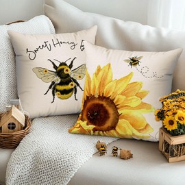 Avezano Bee Cushion Covers 45 x 45 cm Sunflower Bee Decorative Cushion Covers Sweet Honey Bee Pillow Covers for Sofa Couch Bed Home Decorations Set of 4