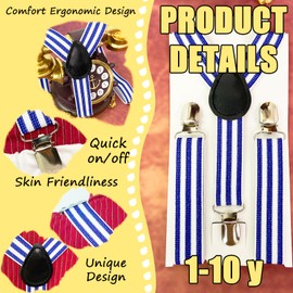 Boys' Braces Bow Tie Sets, Elastic Y Design with Strong Clips, Children's Bow Tie Sets, Baby Adjustable Braces for Children from 1-14 Years, White-Blue-Stripes-1, Unit size