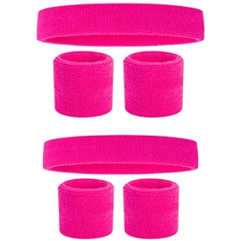 Pink 80s Sweatband, Pink Headband and Wristbands (2 Sets), Sweat Bands 80s Neon Hot Pink Color, 80s Party, Sweatbands for Women, Colorful Sweatband Set