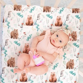FIGEPO 4 Pack Woodland Forest Animals Crib Sheets Neutral Unisex Fitted Baby Mattress Sheet Set for Baby Boys or Girls (Bear)