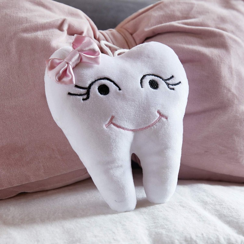Stephan Baby Plush Tooth-Shaped Fairy Pillow, White with Pink Bow,