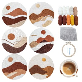 cukol cukol 6pcs Easy Landscape Punch Needle Coaster Kit for Adults Beginners Kids Starter, Funny DIY Complete Punch Needle Needling Stitching Embroidery Art Coasters Making Set with Pattern 4X4 in