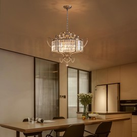 Cabvope Crystal Modern Chandelier 6-Light, 24" Brushed Nickel Dining Room Light Fixture Over Table Hallway Kitchen Bedroom Foyer Adjustable Height Hanging Ceiling Chandelier, Round