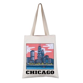 VAMSII Chicago Tote Bag for Women Chicago State Gift Retro Chicago Shopping Bag Chicago Souvenir Gifts Eco Friendly Bag (Beige)