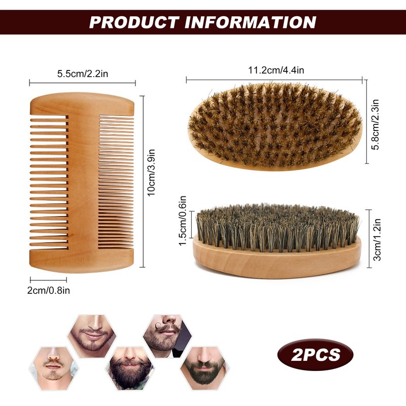 Beard Brush Comb Set for Men, Wooden Boar Bristle Hair