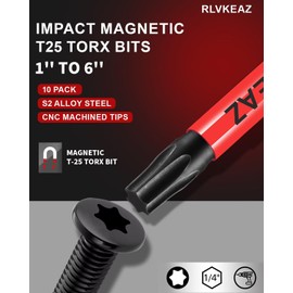10-PCS T25 Torx Bits for Impact Driver, (1'' to 6'' Long) T-25 Star/Torx Bit Set, Premium Solid S2 Steel, Magnetic High-Torque, 1/4'' Hex-Shank for Auto Repair, Deck Building & DIY Projects