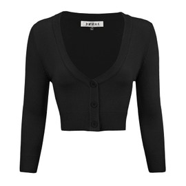 YEMAK Women's Cropped Bolero Cardigan – 3/4 Sleeve V-Neck Basic Classic Casual Button Down Knit Soft Sweater Top CO129-BLK-L Black