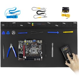 Anti Static Soldering Mat, Extra Large 27.6" x 15.7" Heat Resistant 932°F Large Silicone ESD Safe Work Mat with Grounding Accessories and Anti Static Wrist Strap (Black)