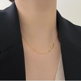 IMINI Hammered Sideways Cross Pendant Necklace for Women Girls 925 Sterling Silver Dainty White Gold Plated Faith Choker Simple Charm Link Chain Adjustable Fashion Jewelry Gift Box 17 inches (Gold)