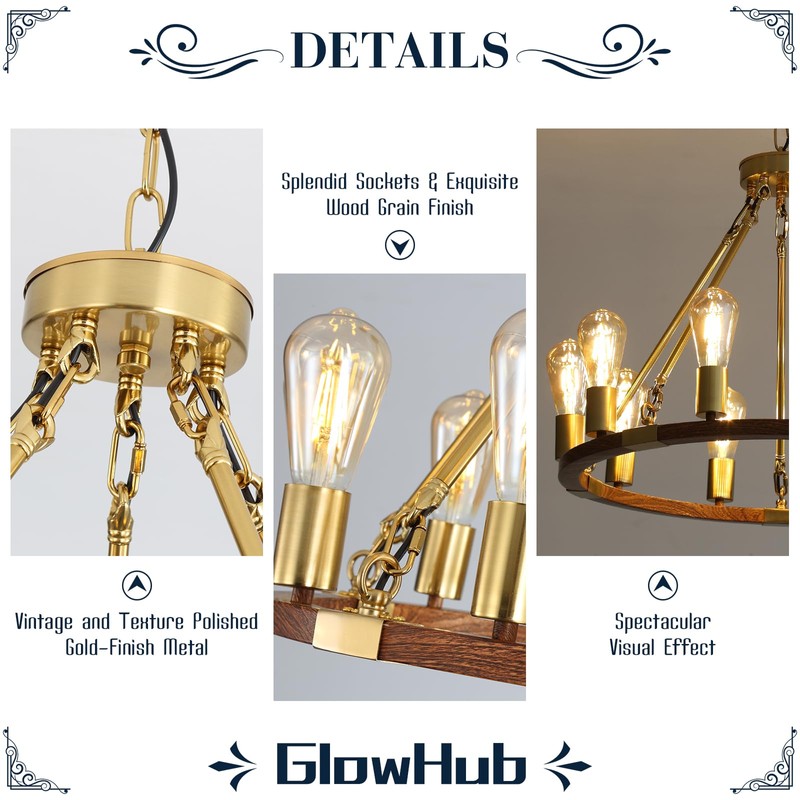 Wagon Wheel Chandelier Gold 10-Light Farmhouse Pendant Light Wood Grain