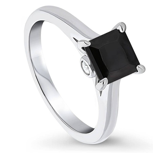 BERRICLE Sterling Silver Solitaire Black Princess Cut Cubic Zirconia CZ