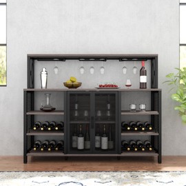 Gyfimoie Wine Bar Cabinet, 55 Inches Industry Coffee Bar Cabinet with Wine Rack and Glass Holder, Kitchen Sideboard Buffet Cabinet with Wine Rack Storage for Liquor and Glasses (Rustic Grey)