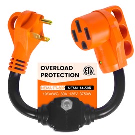 Gociean Overload Protector 30 Amp to 50 Amp RV Adapter with Circuit Breaker, NEMA TT-30P to NEMA 14-50R Electrical Power Adapter with LED Power Indicator, RV Dogbone Adapter Cord, 18 Inch, ETL Listed