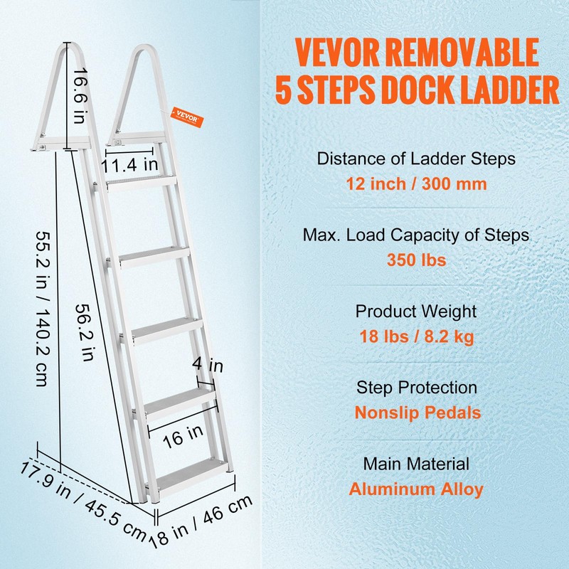 VEVOR Removable Dock Ladder 5 Steps, 350 lbs Load Capacity,