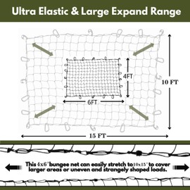 4'x6' Pickup Truck Bed Cargo Net, Heavy Duty Bungee Cargo Net Stretches to 10' x 15' Roof Rack Net with 4"x4" Mesh Grid and 12 Metal Carabiners